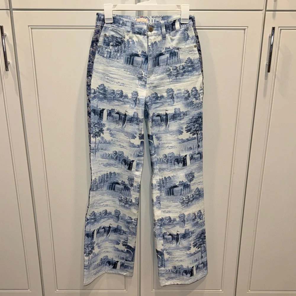 Alice and Olivia Blue Scenic Print Wide-Leg Women’s Jeans - Picture 2 of 8